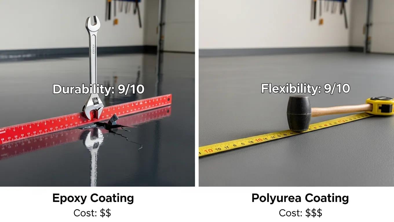 Comparison of epoxy and polyurea garage floor coatings highlighting durability and cost differences